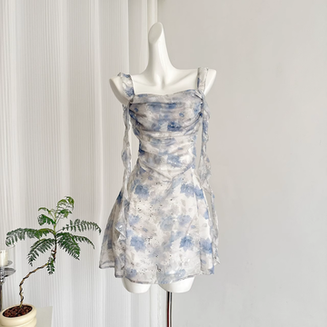 Straps Sleeveless Floral Blue Dress Short Holiday Dresses SD260